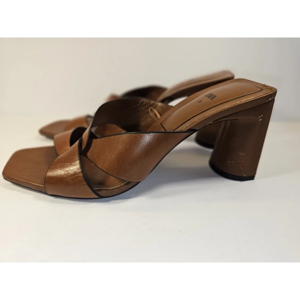 Zara Women's Brown Leather Slide On 2 Heel Sandals Size 7.5 EUR 38 - Picture 8 of 9